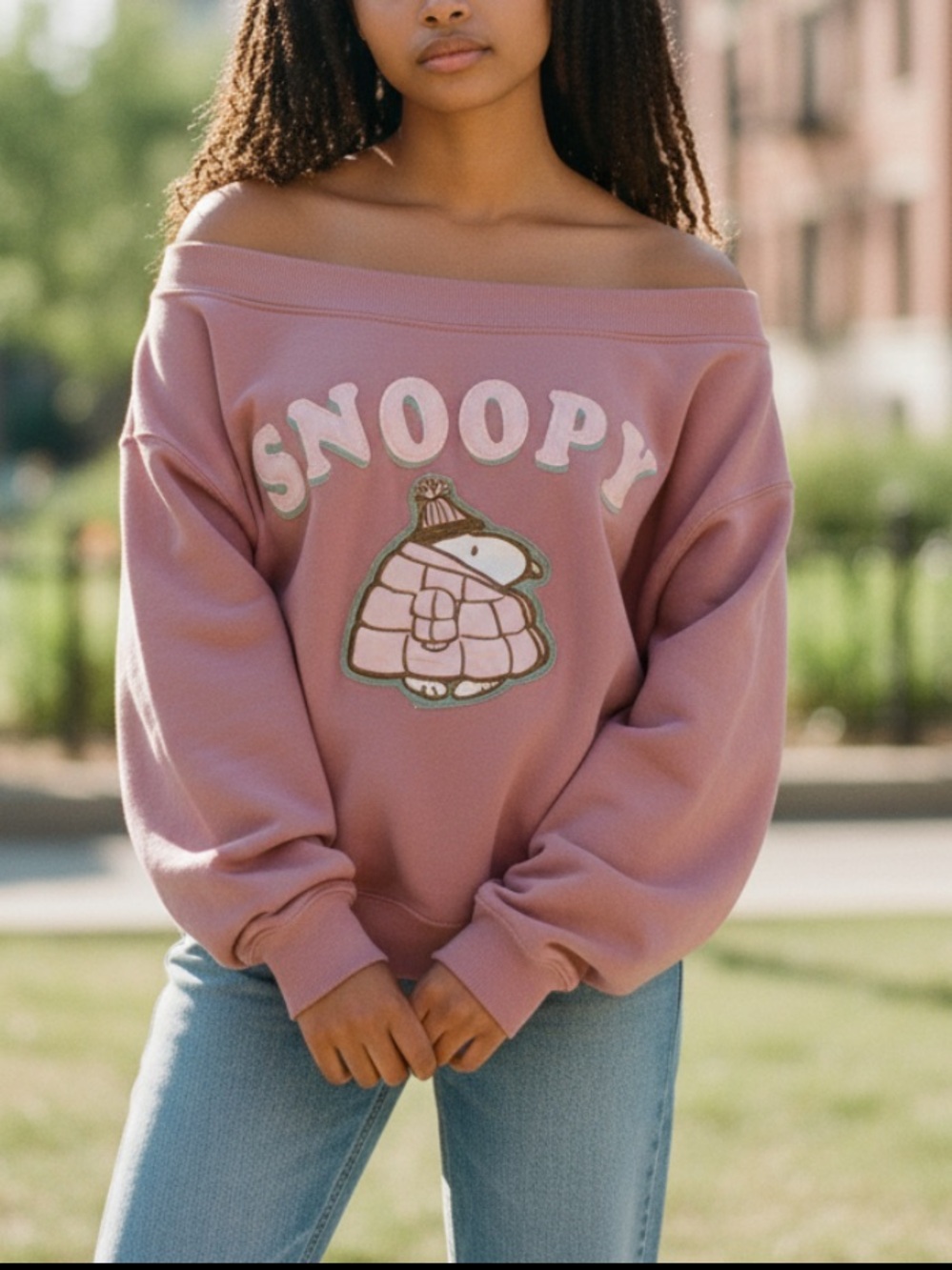 Peanuts Mauve Pink Snoopy Off-Shoulder Sweatshirt
